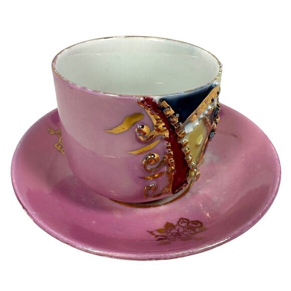Antique Germany Pink Molded Lusterware Cups & Saucers Star Set 6 Vintage Ornate - Picture 5 of 15